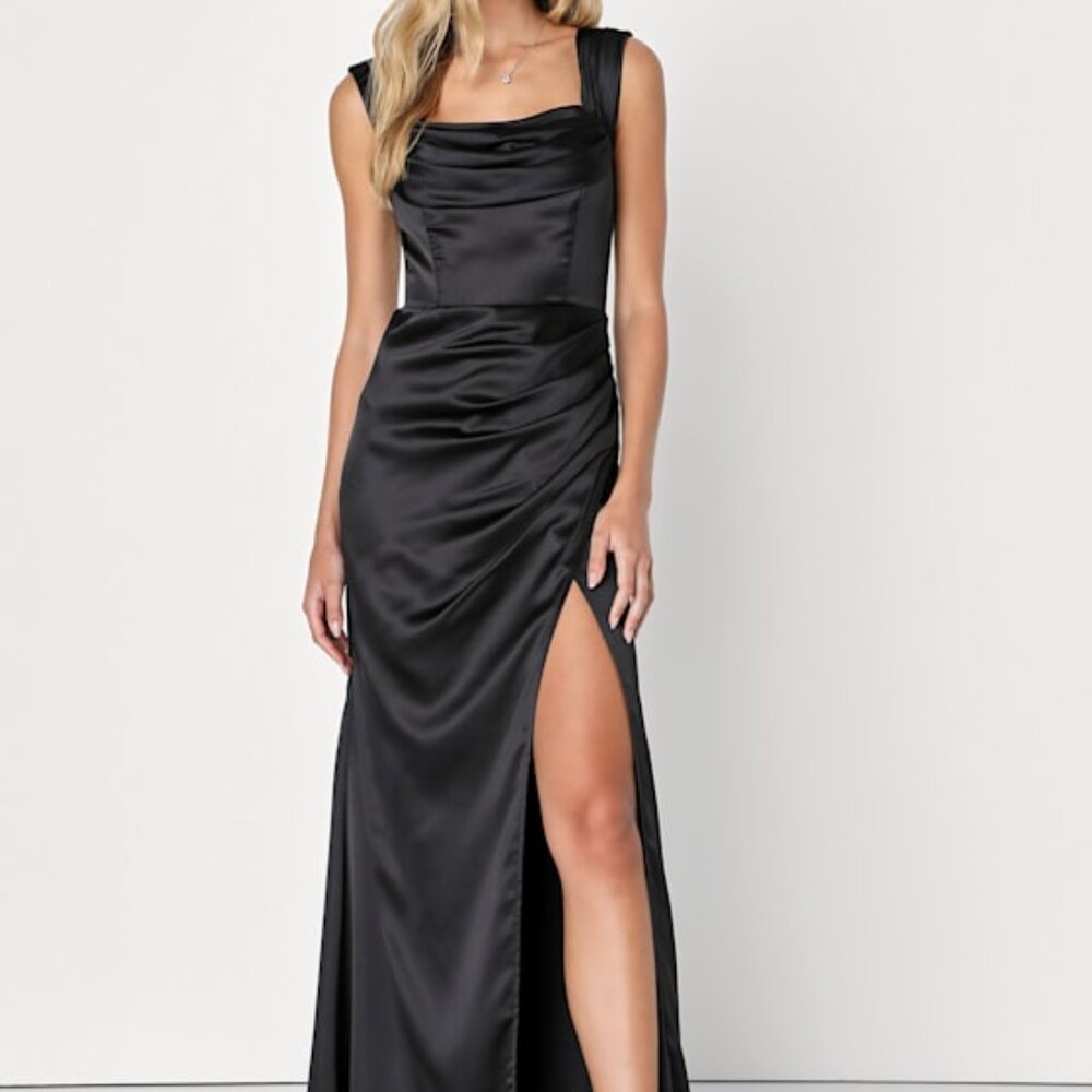 Lulus Stunning Arrival Black Satin Off-the-shoulder Maxi Dress - Size S